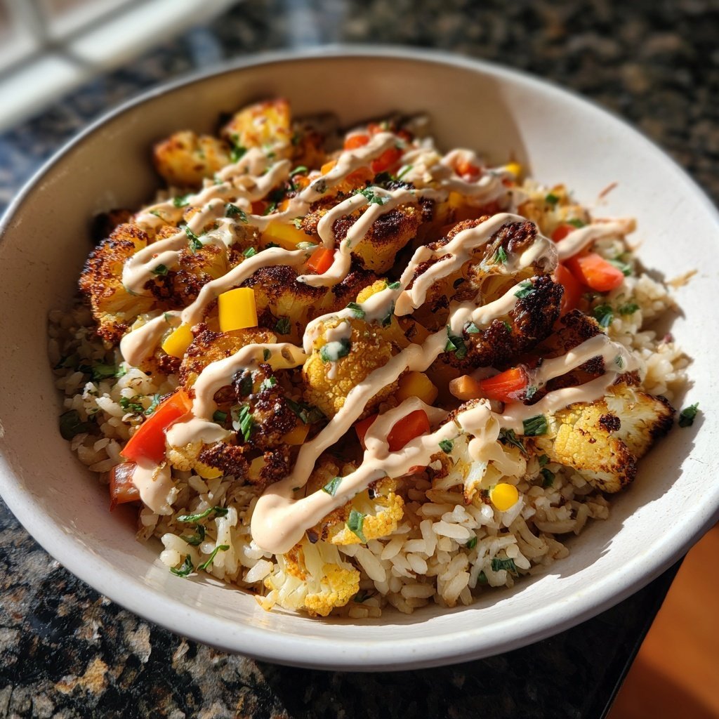 Roasted Cauliflower Tahini Rice Bowl